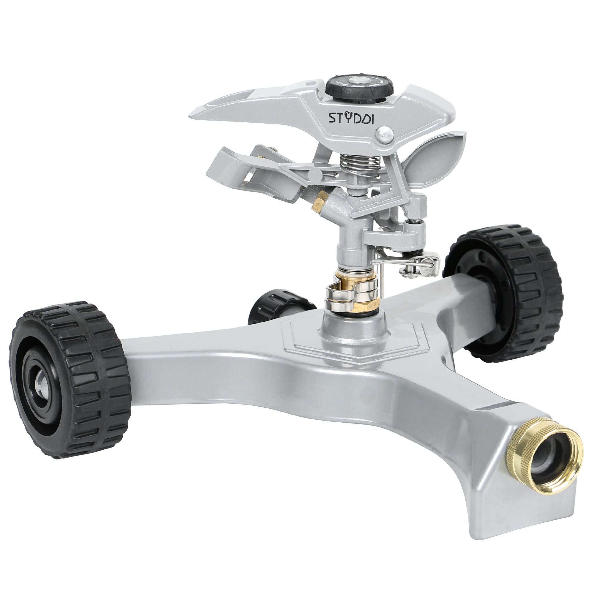 STYDDI front view of metal pulsating sprinkler showing stable base and spray benefit