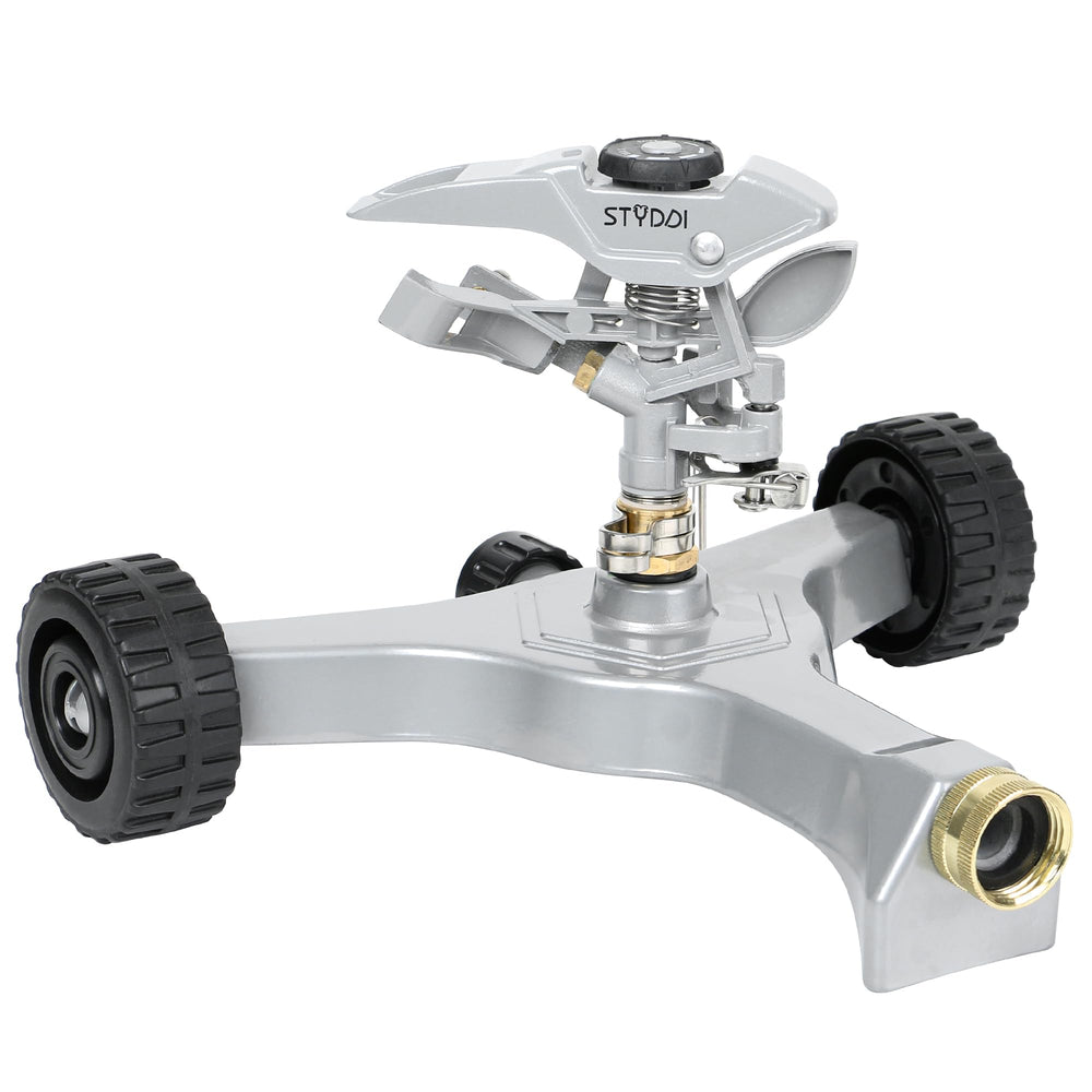 STYDDI front view of metal pulsating sprinkler showing stable base and spray benefit