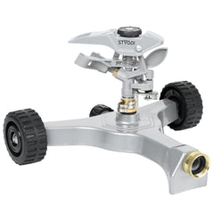 STYDDI front view of metal pulsating sprinkler showing stable base and spray benefit