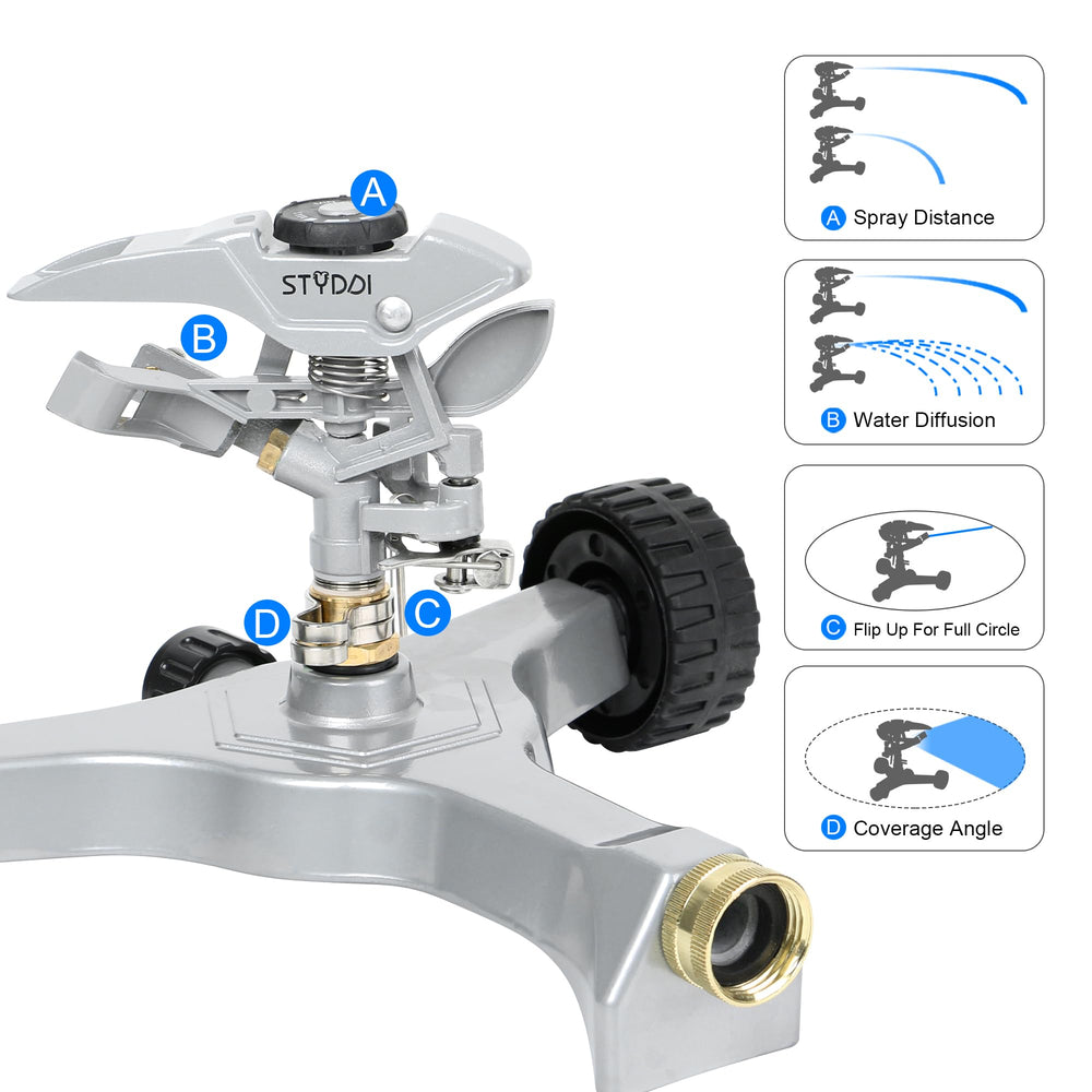 STYDDI detailed metal sprinkler head showing durable construction and long-life benefit