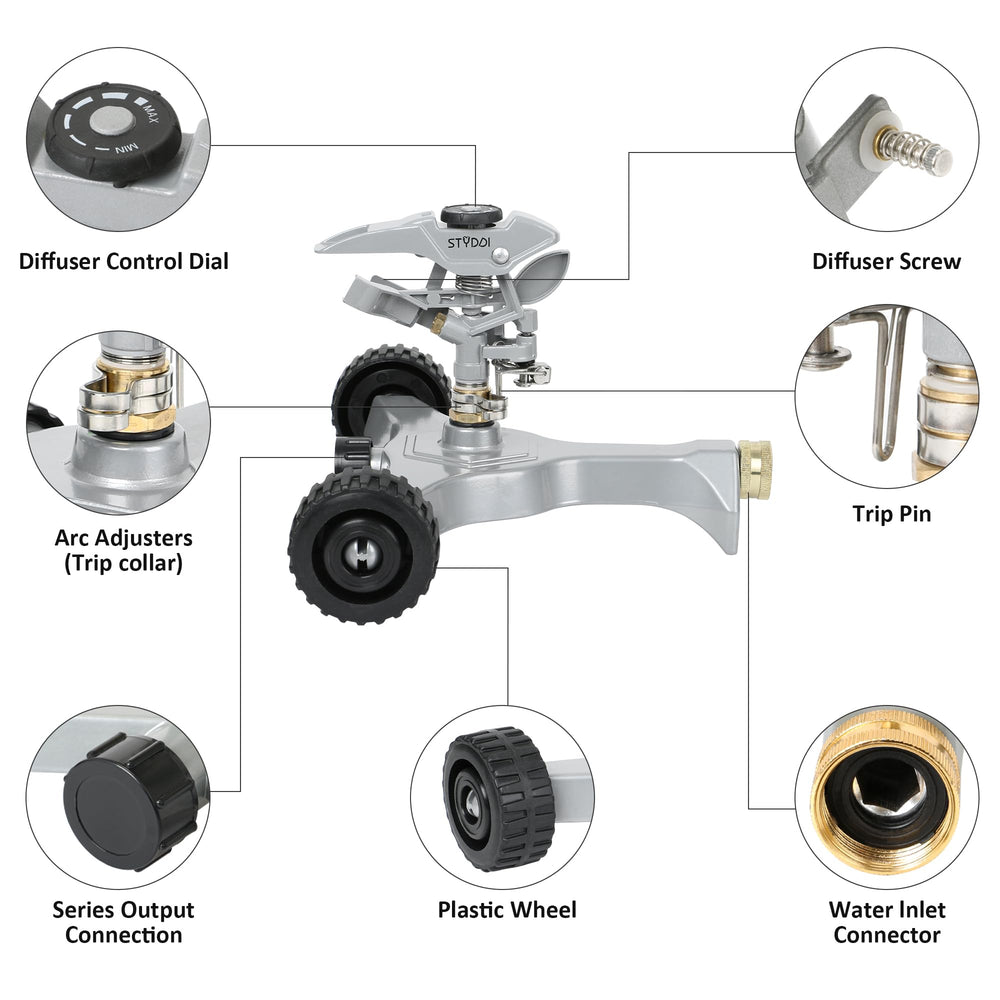 STYDDI multiple sprinklers linked in series showing expanded area coverage benefit