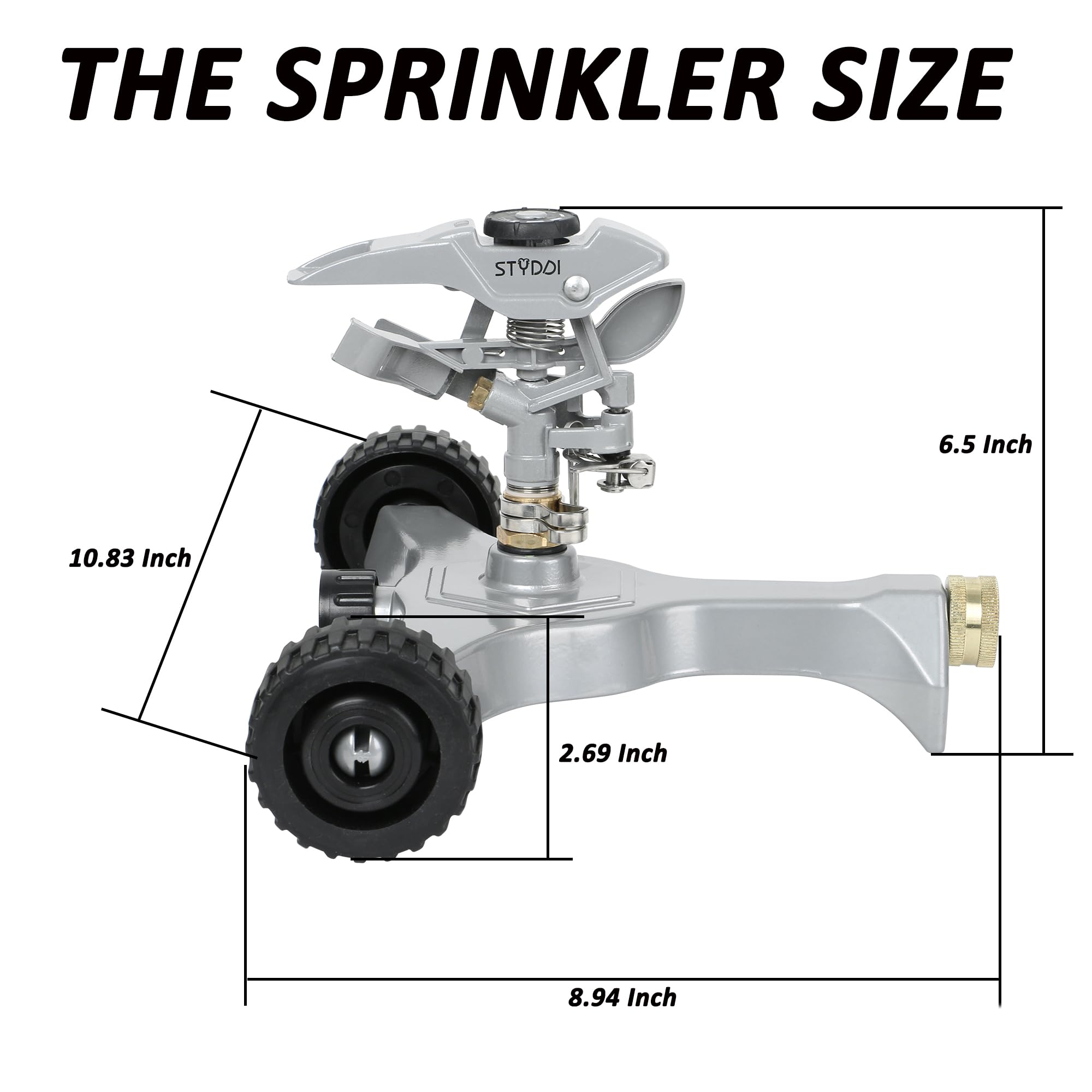STYDDI sprinkler next to a rain gauge showing size and scale for planning benefit