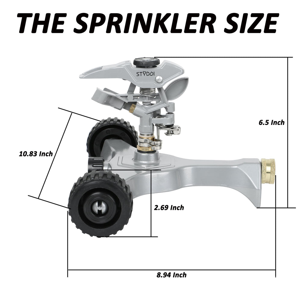 STYDDI sprinkler next to a rain gauge showing size and scale for planning benefit