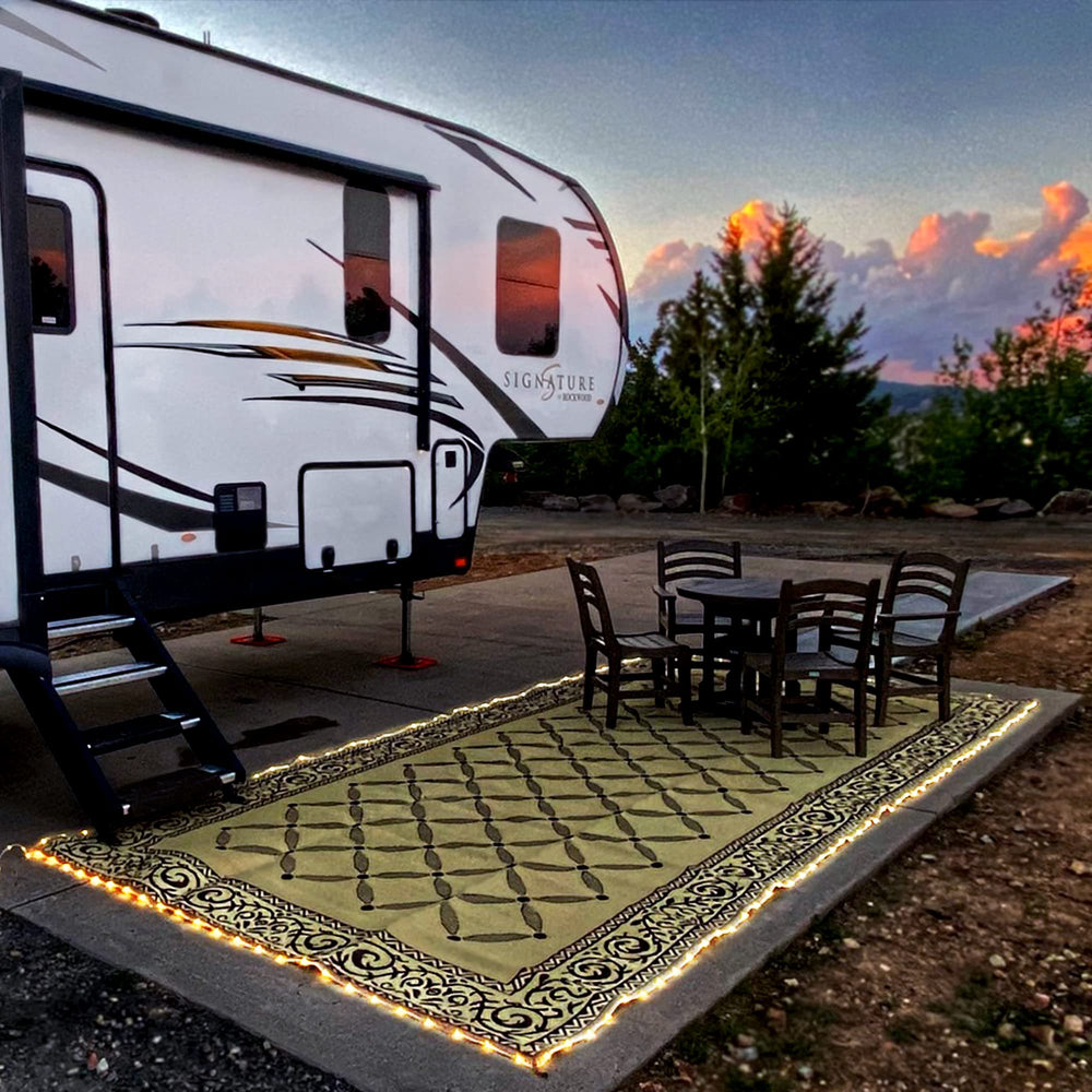 Stylish Camping front view brown beige mat showing full size and neat border lighting