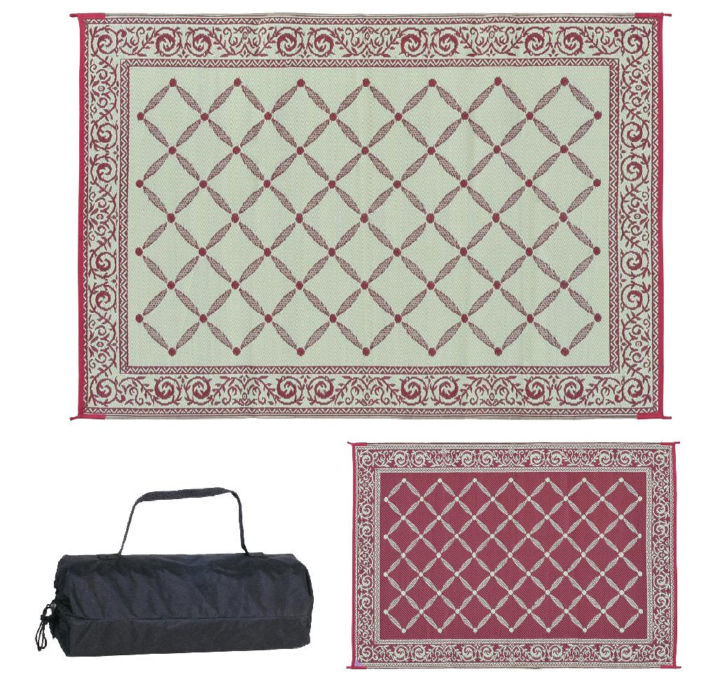 Stylish Camping front view burgundy beige mat showing full 6x9 coverage and easy layout