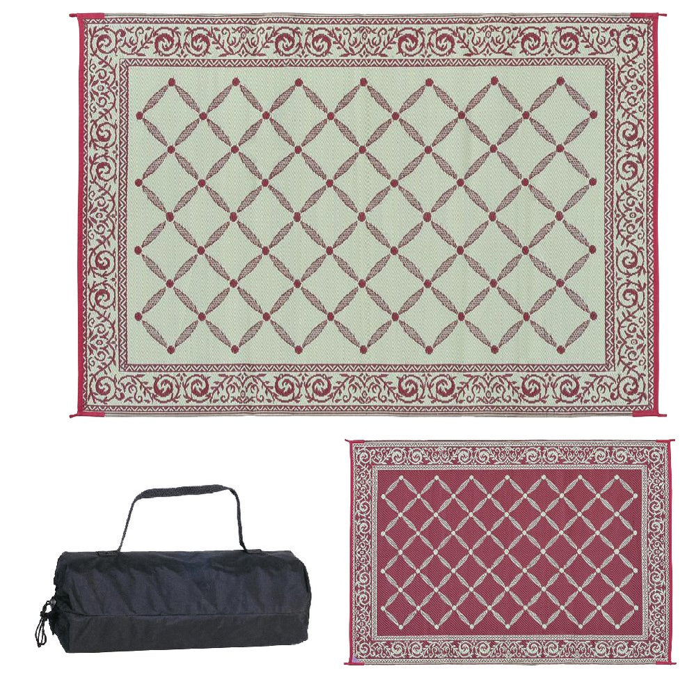 Stylish Camping front view burgundy beige mat showing full 6x9 coverage and easy layout