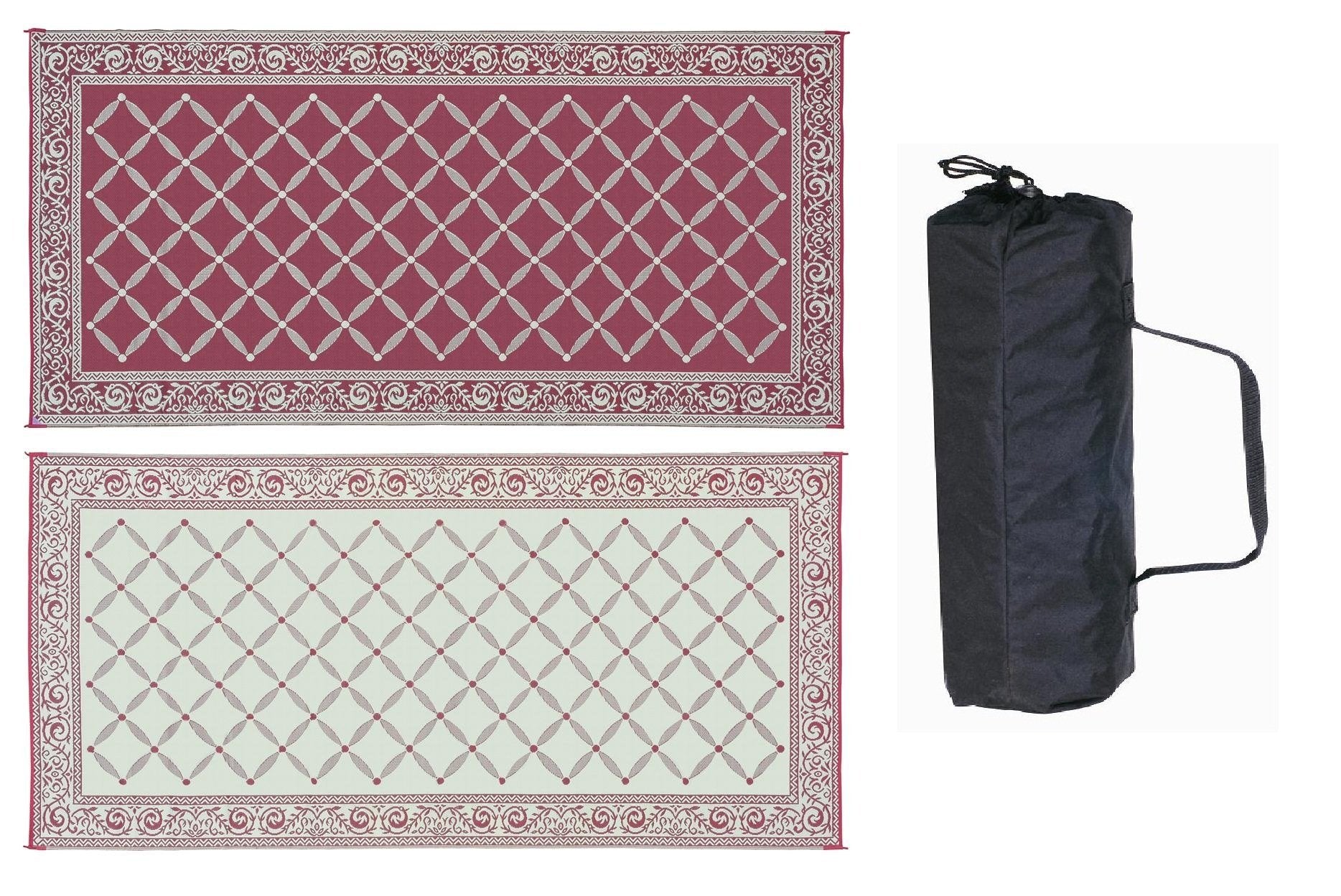 Stylish Camping front view of reversible burgundy beige mat showing pattern and outdoor benefit