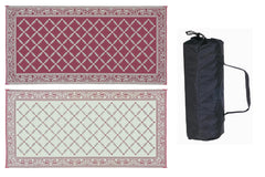 Stylish Camping front view of reversible burgundy beige mat showing pattern and outdoor benefit