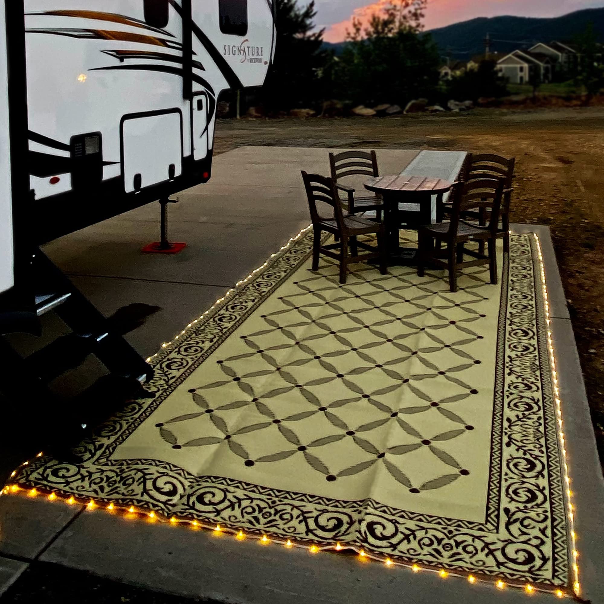Stylish Camping RV patio evening setup with LEDs creating cozy outdoor ambiance