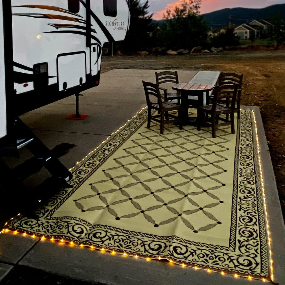 Stylish Camping RV patio evening setup with LEDs creating cozy outdoor ambiance