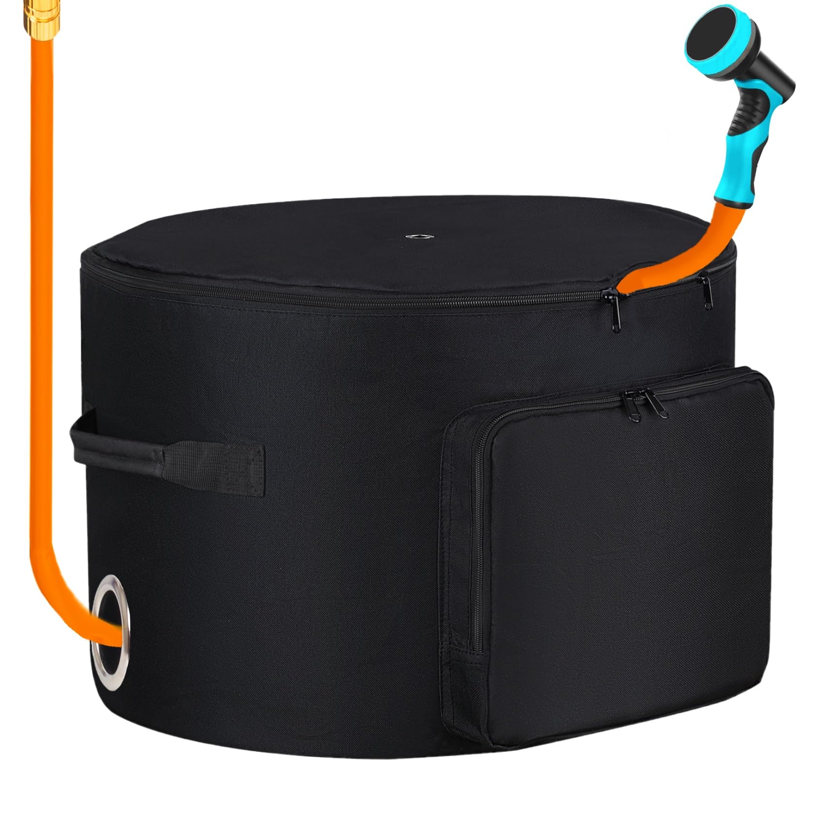 Sublimei front view of black standing hose pot showing neat garden storage