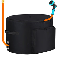 Sublimei front view of black standing hose pot showing neat garden storage