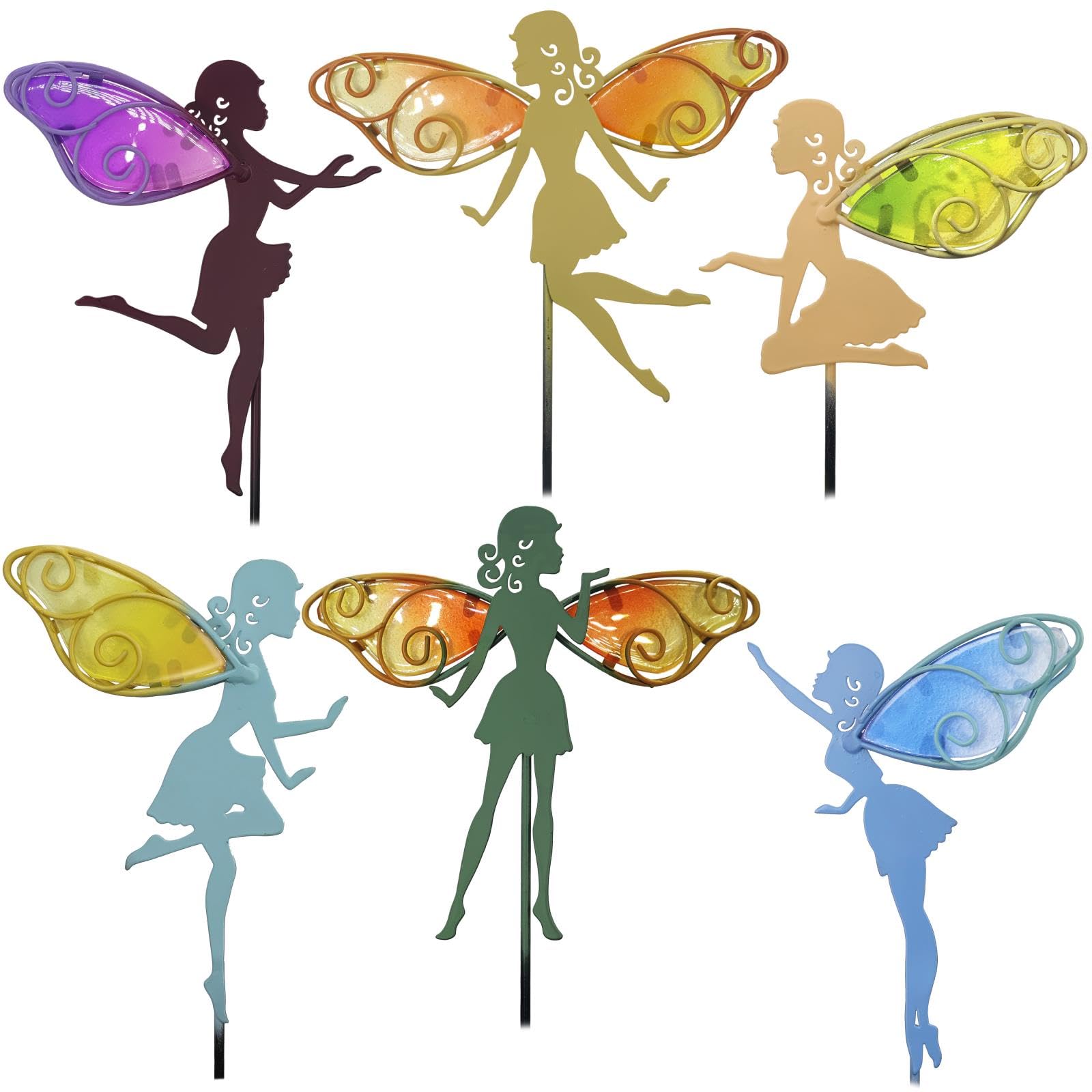 SUBOLO front view of six fairy stakes showing colors and shapes for charming decor