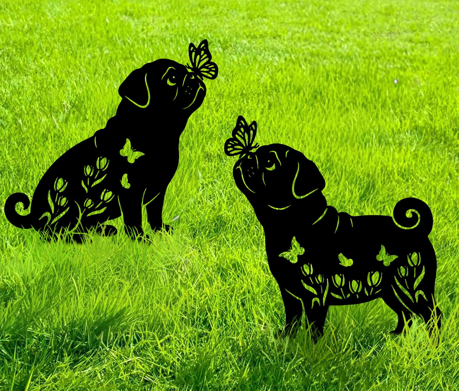 Subvise front view of pug garden stakes showing decorative silhouette and durable design