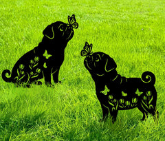 Subvise front view of pug garden stakes showing decorative silhouette and durable design