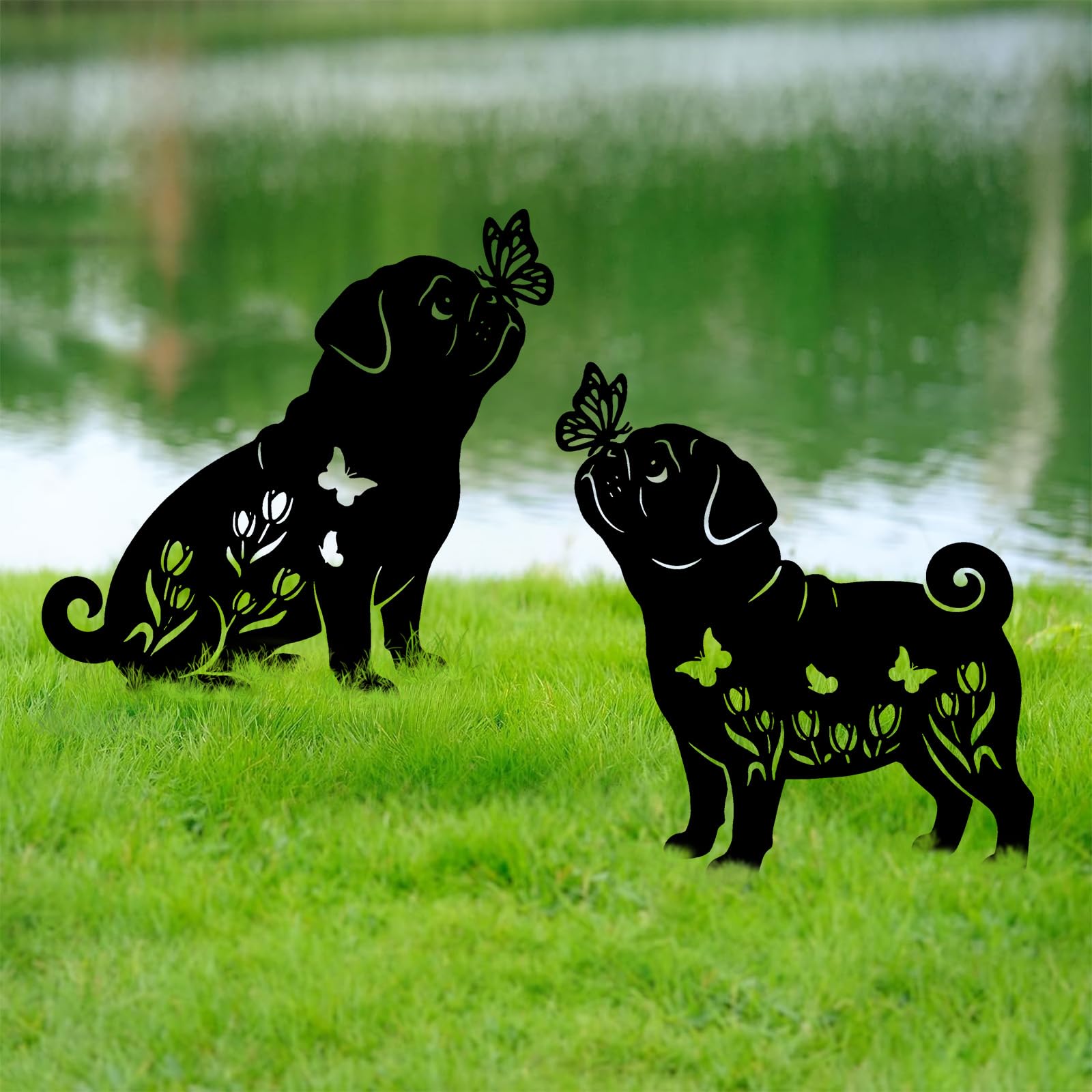 Subvise pug stakes placed in flowerbed adding personality and focal interest to plants