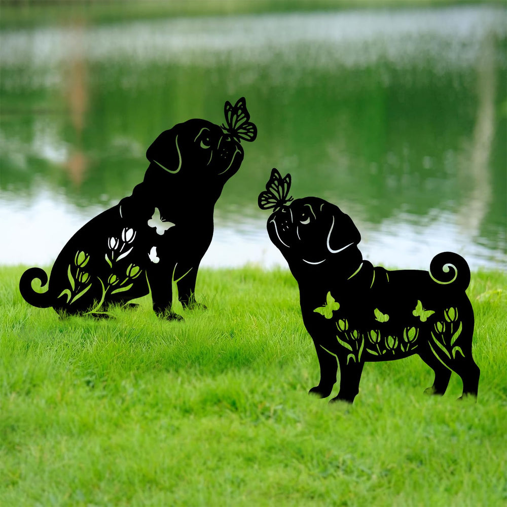 Subvise pug stakes placed in flowerbed adding personality and focal interest to plants