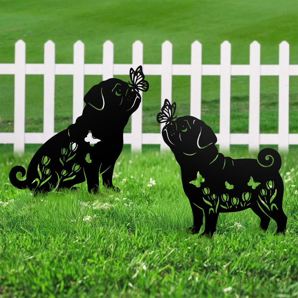 Subvise pug stakes staged on patio offering charming outdoor decor and conversation starter