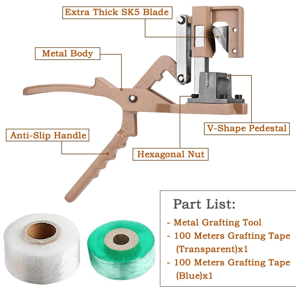 SUCA grafting tool beside ruler showing size and cutting capacity