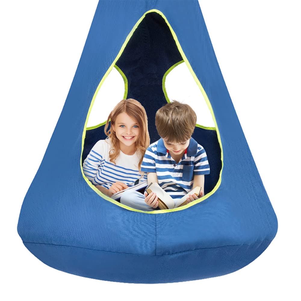 SUCHDECO front view of blue nest swing showing cozy entrance and shape benefit