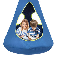 SUCHDECO front view of blue nest swing showing cozy entrance and shape benefit