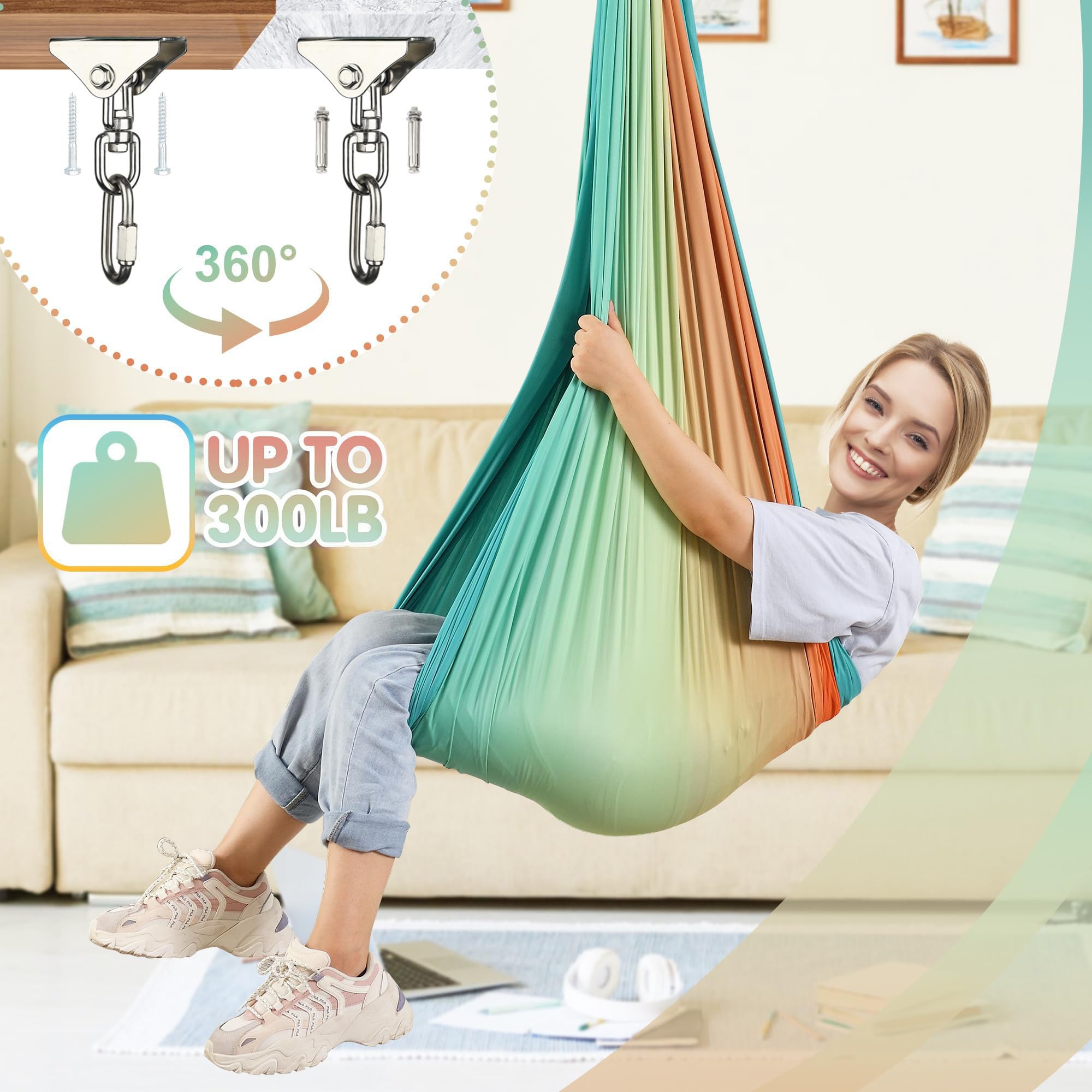 SUCHDECO swing with child for scale showing roomy comfortable size