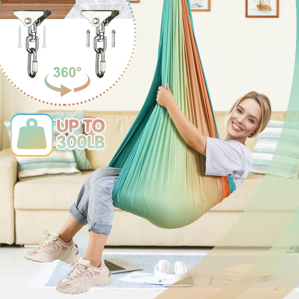 SUCHDECO swing with child for scale showing roomy comfortable size