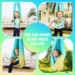 SUCHDECO child reading inside swing demonstrating calming sensory space