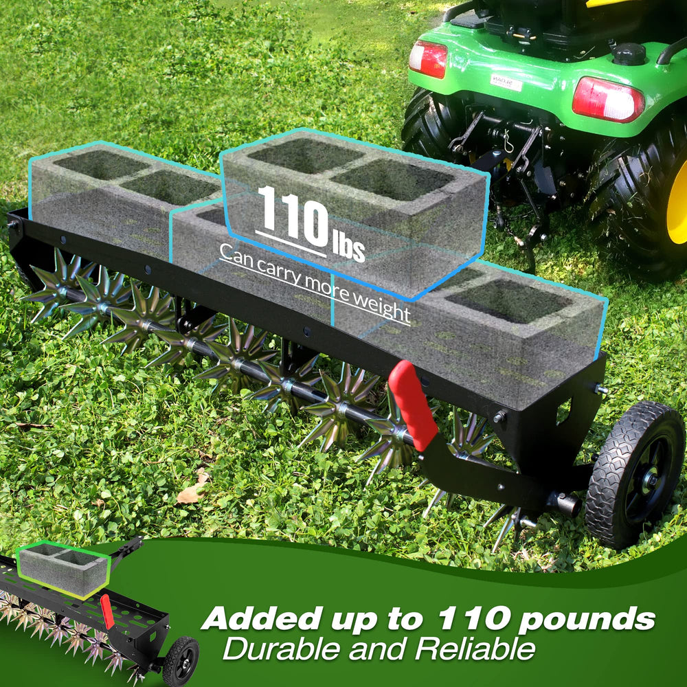 Suchtale aerator shown next to riding mower for scale and towing compatibility clarity