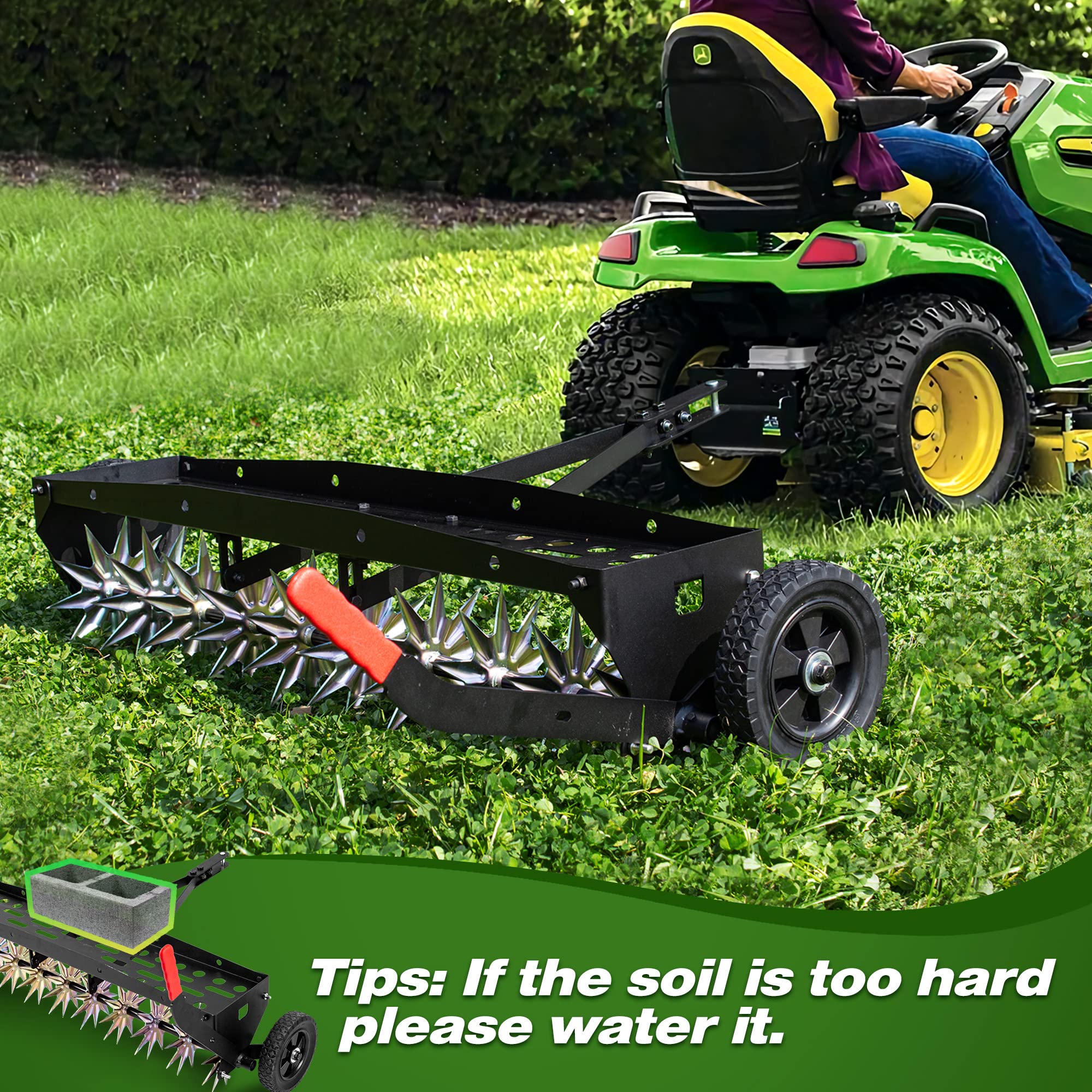 Suchtale side profile of aerator in use on lawn demonstrating effective coverage and rotation