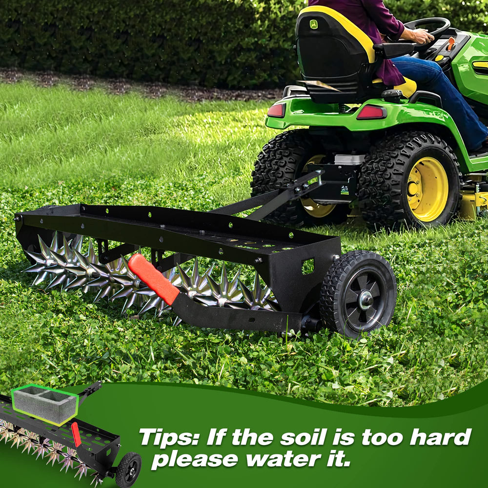 Suchtale side profile of aerator in use on lawn demonstrating effective coverage and rotation
