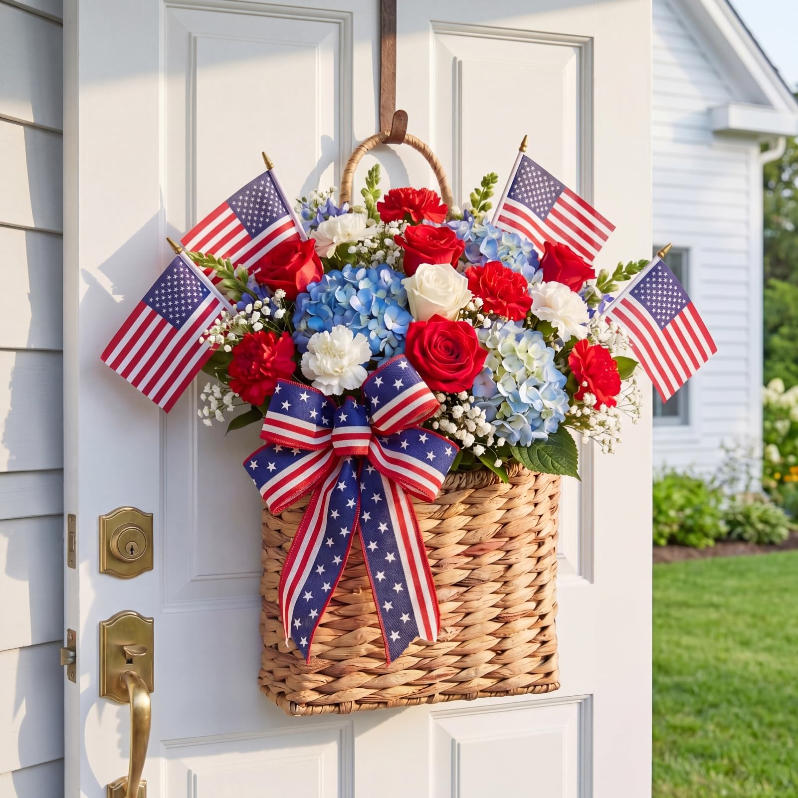 Suclain front door basket hung on a red door adds welcoming patriotic charm