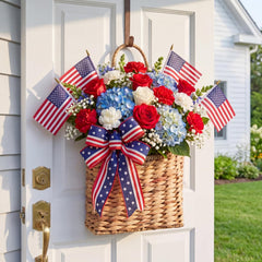 Suclain front door basket hung on a red door adds welcoming patriotic charm