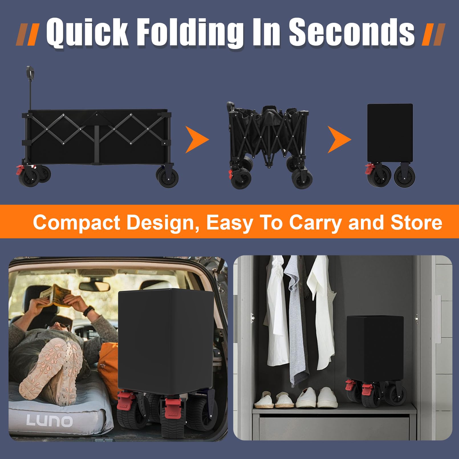 Suemoss wagon fitting in SUV trunk for convenient portability