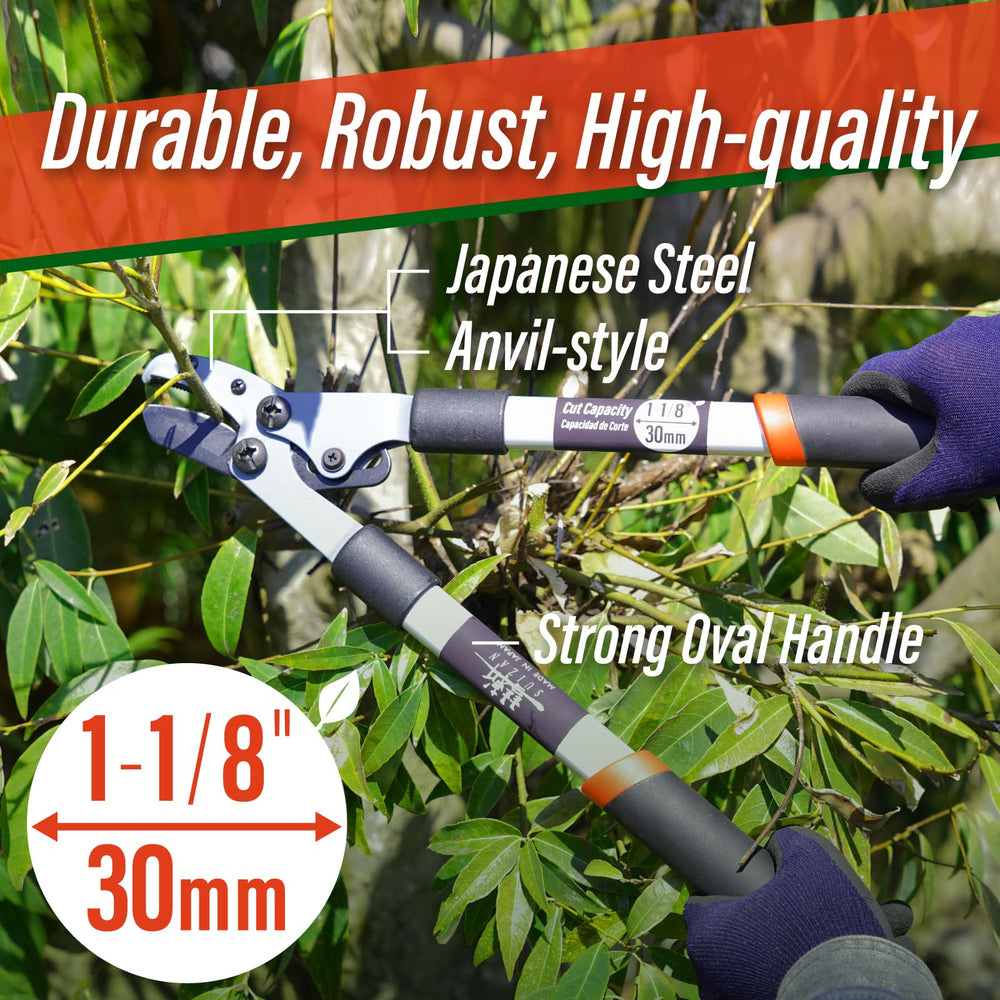 SUIZAN loppers beside a ruler showing 18.31" length for portable storage