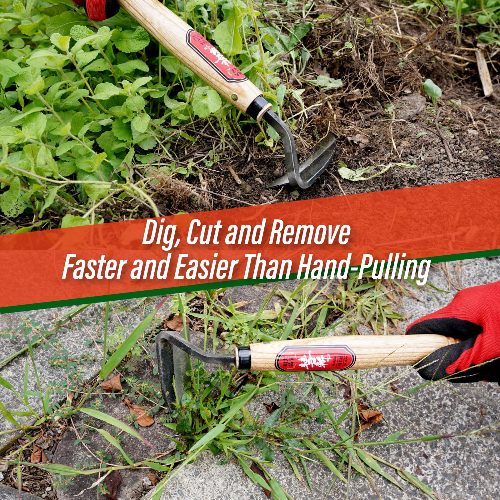 SUIZAN sickle in garden cutting weeds near seedlings for controlled, damage-free weeding