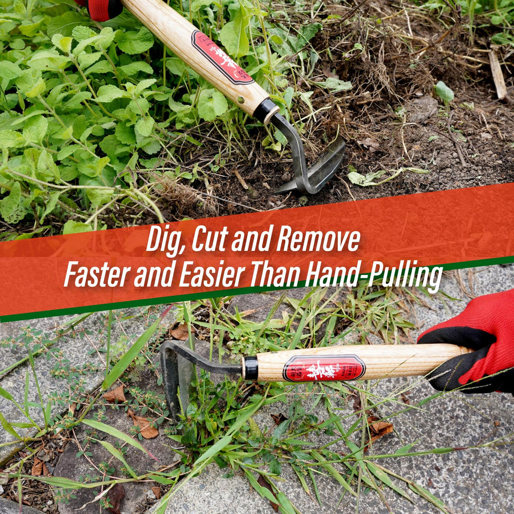 SUIZAN sickle in garden cutting weeds near seedlings for controlled, damage-free weeding