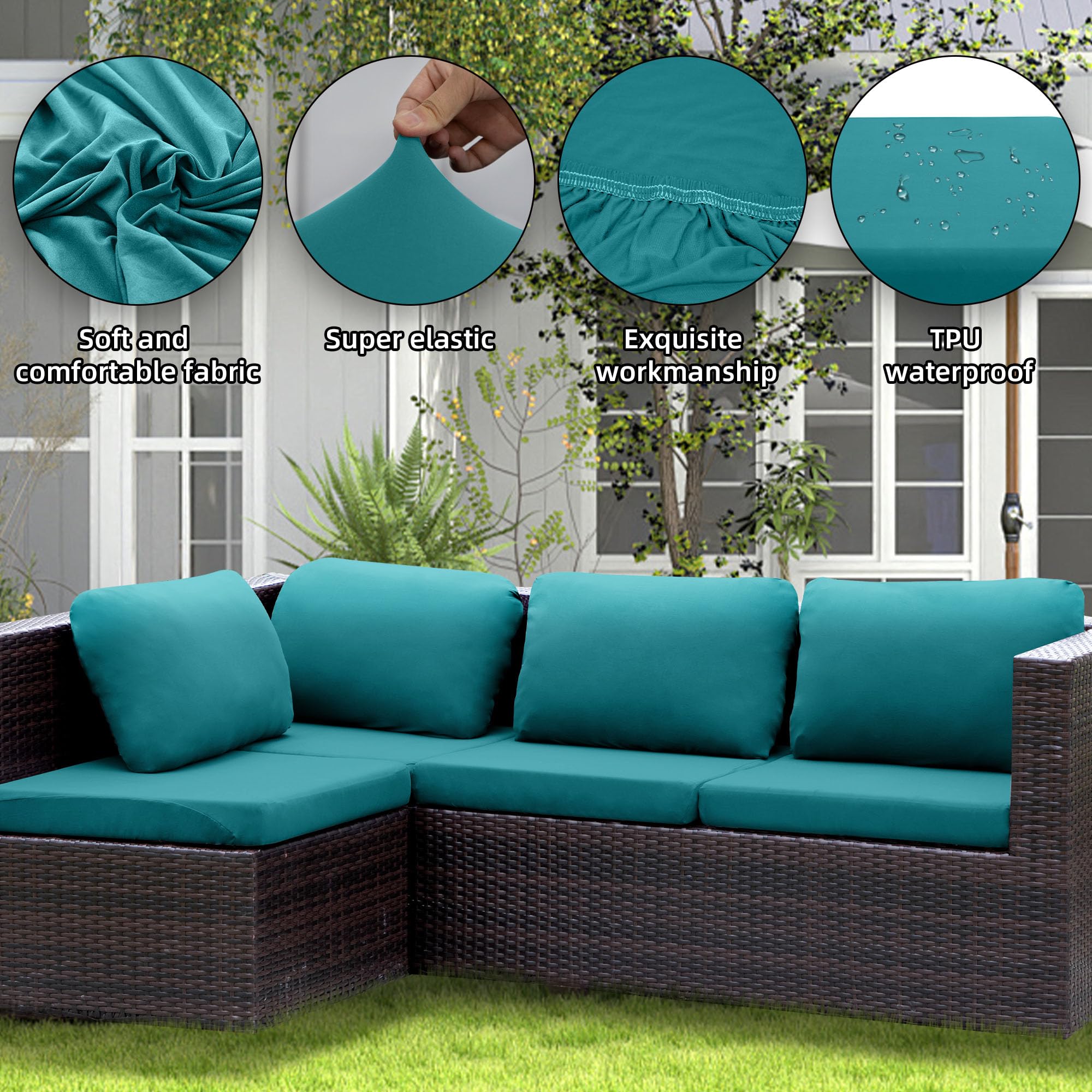 SUKAIKEQA fitted cover on outdoor sectional showing refreshed appearance and easy update