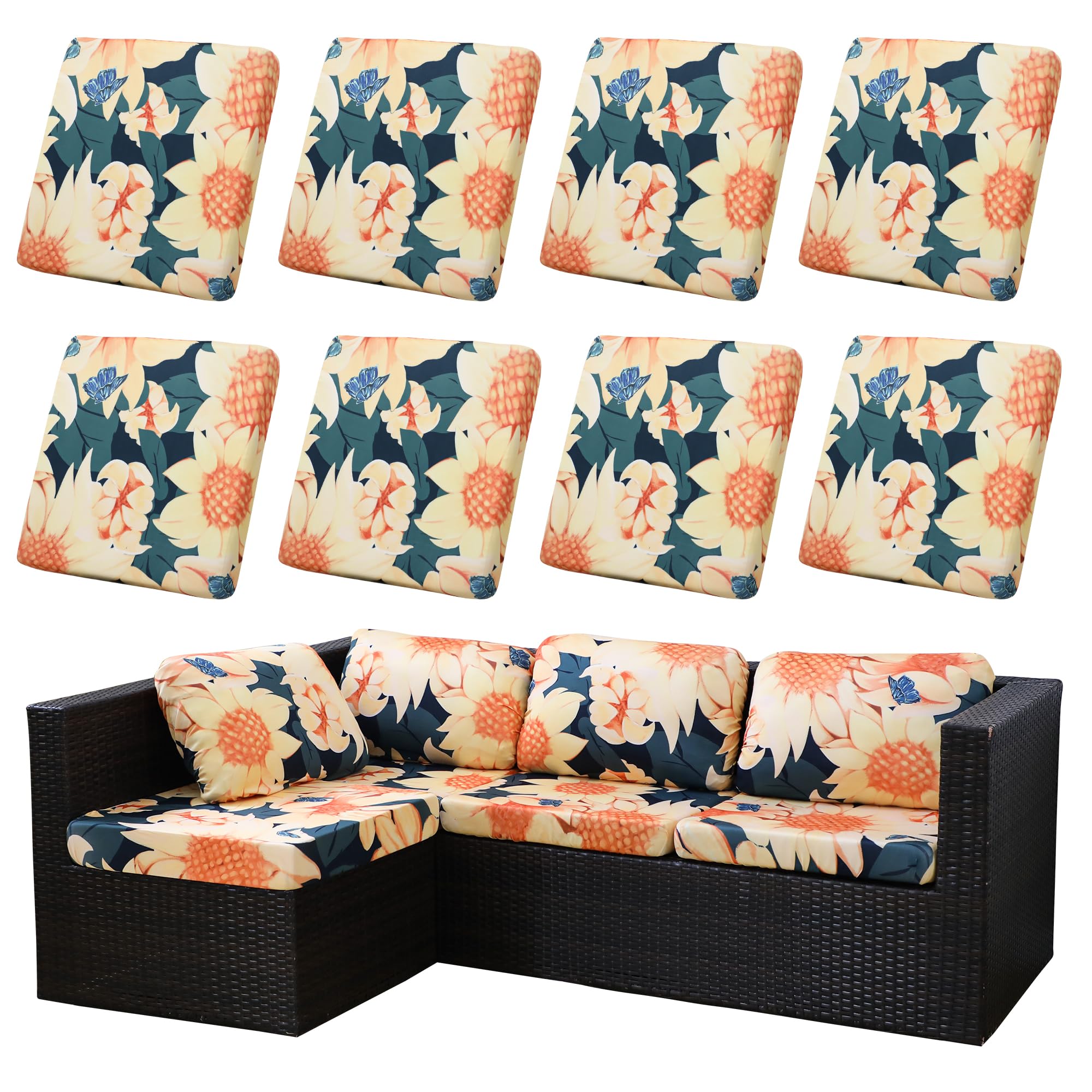 SUKAIKEQA front view of 8pcs patio cushion covers showing neat installed look and refreshed furniture