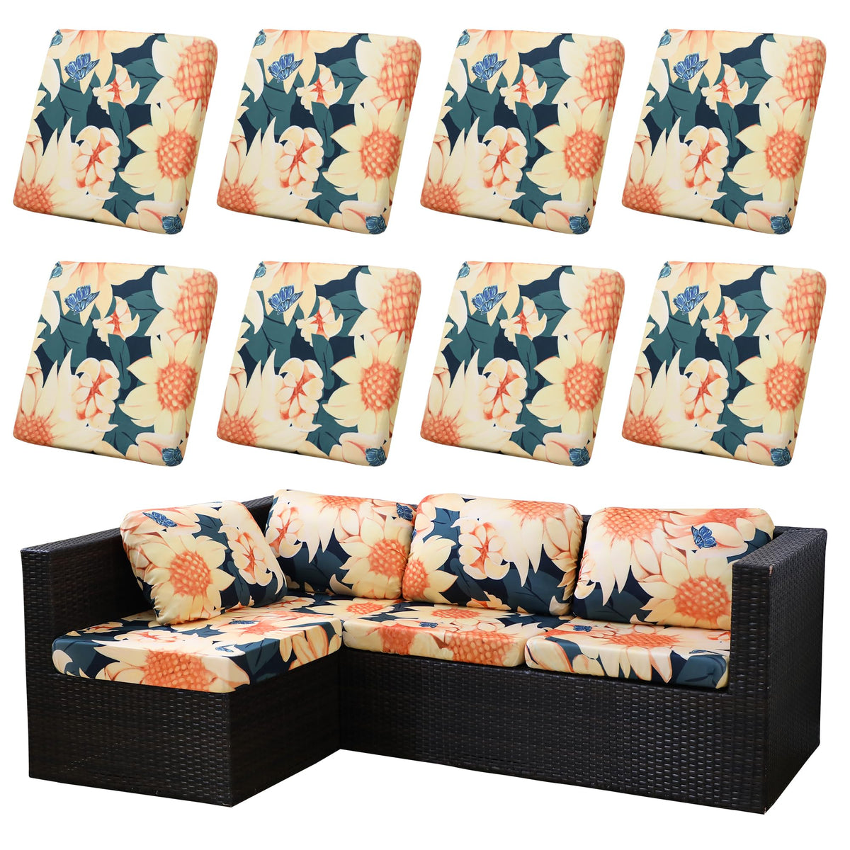 SUKAIKEQA front view of 8pcs patio cushion covers showing neat installed look and refreshed furniture