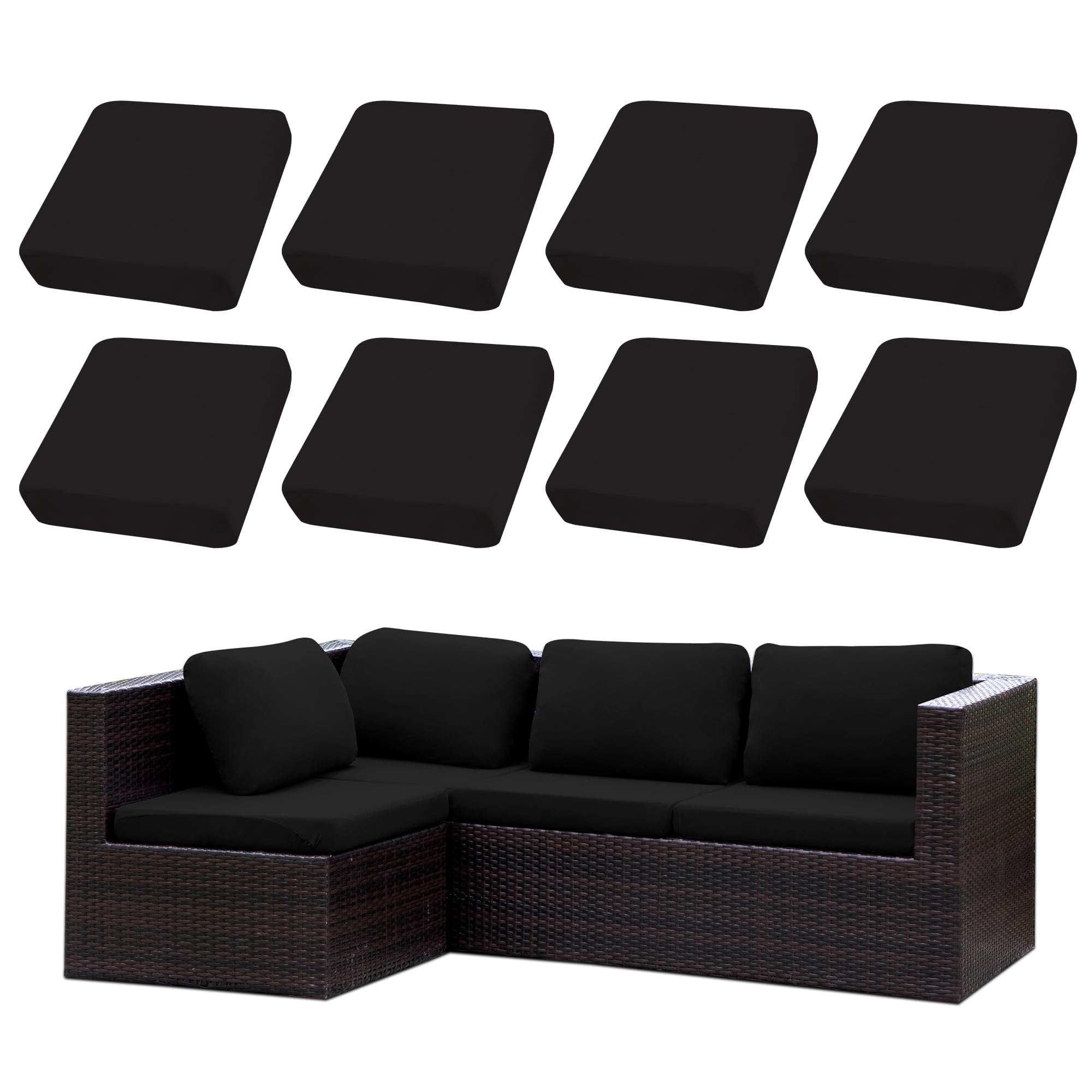 SUKAIKEQA front view of 8-piece outdoor cushion covers set showing coordinated colors and packaging benefit