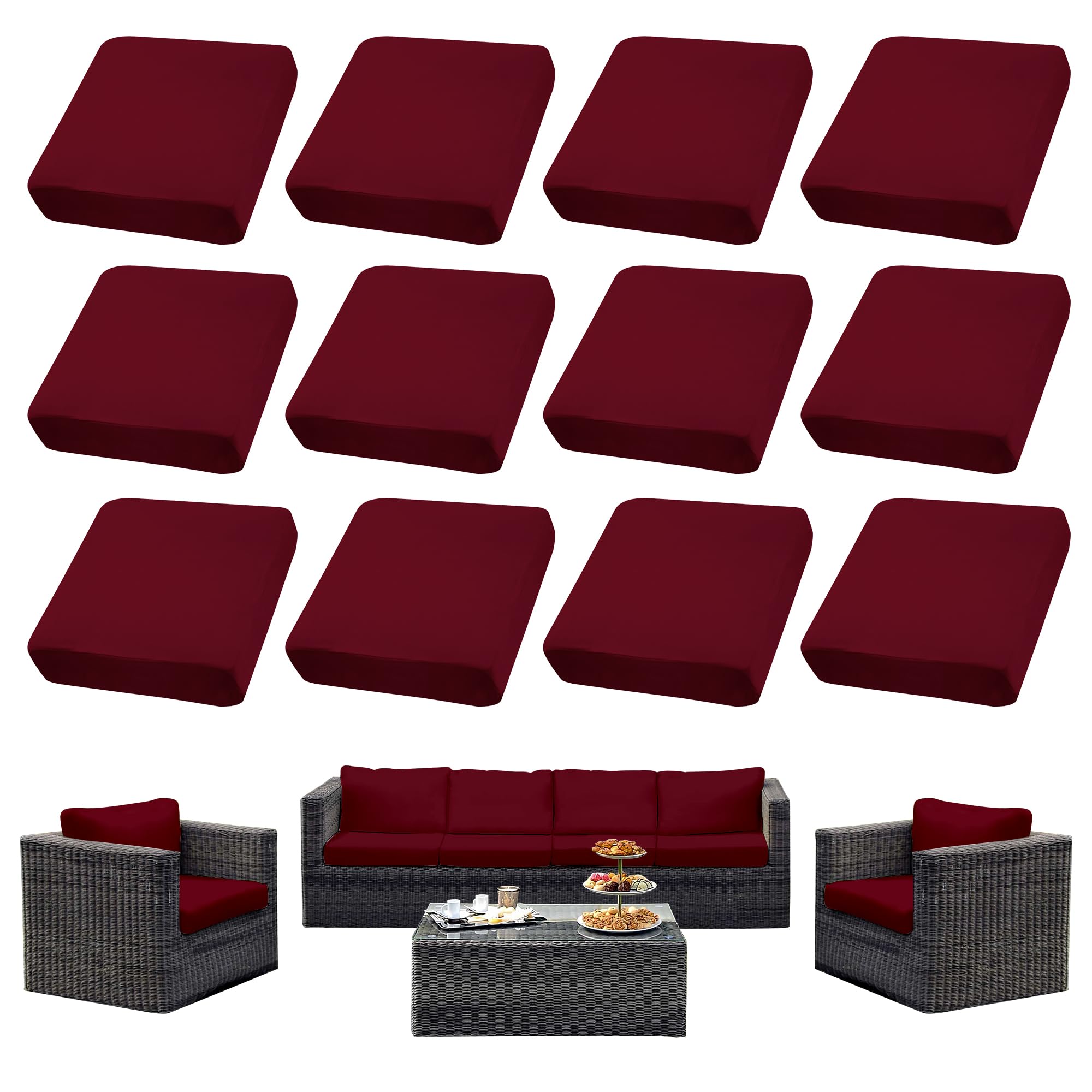 SUKAIKEQA front view of 14PCS patio cushion covers showing complete set and colors