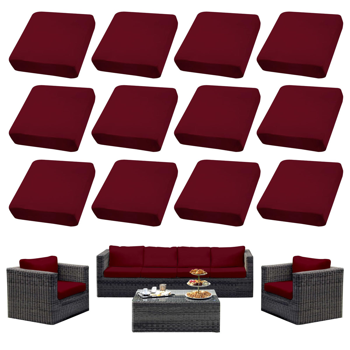 SUKAIKEQA front view of 14PCS patio cushion covers showing complete set and colors