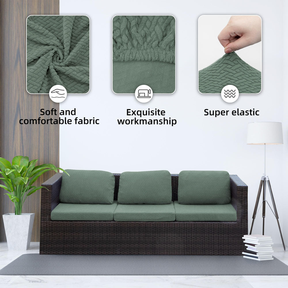 SUKAIKEQA seat cover on patio sofa demonstrating snug fit benefit