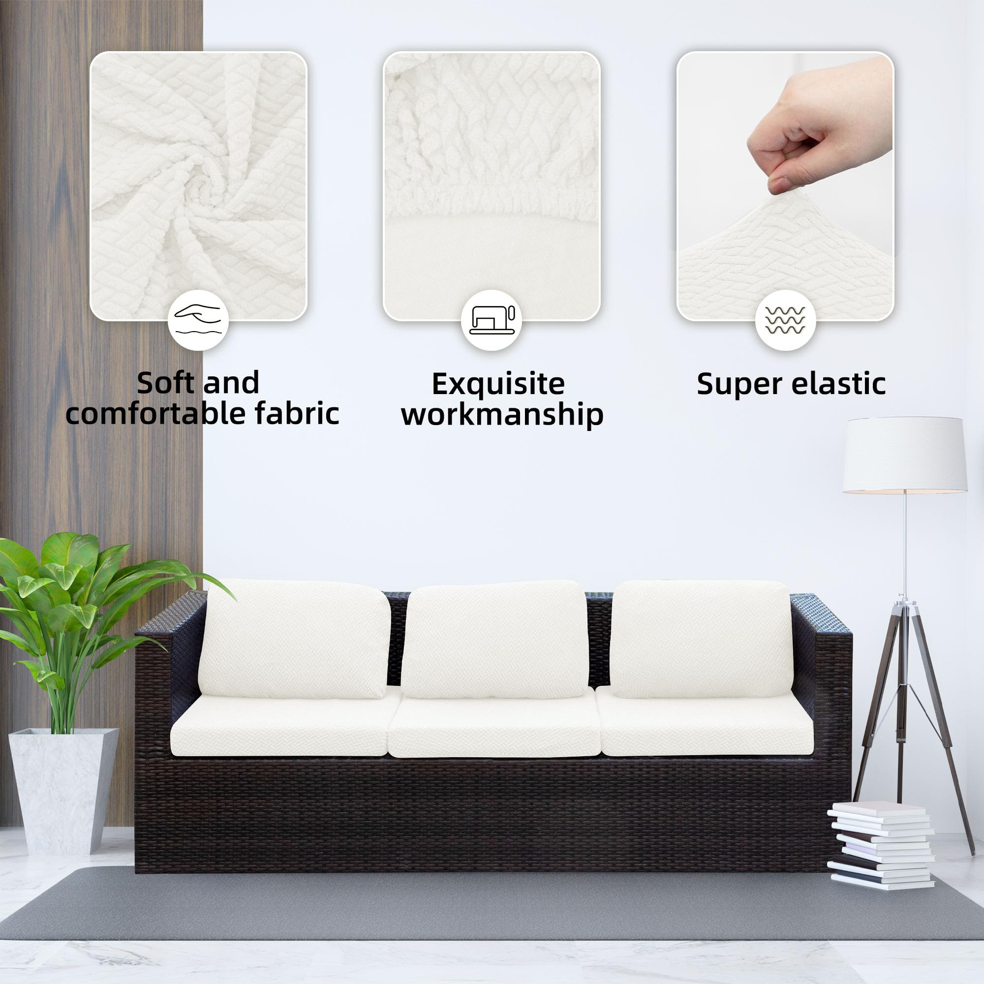 SUKAIKEQA seat cover installed on outdoor sofa demonstrating snug fit
