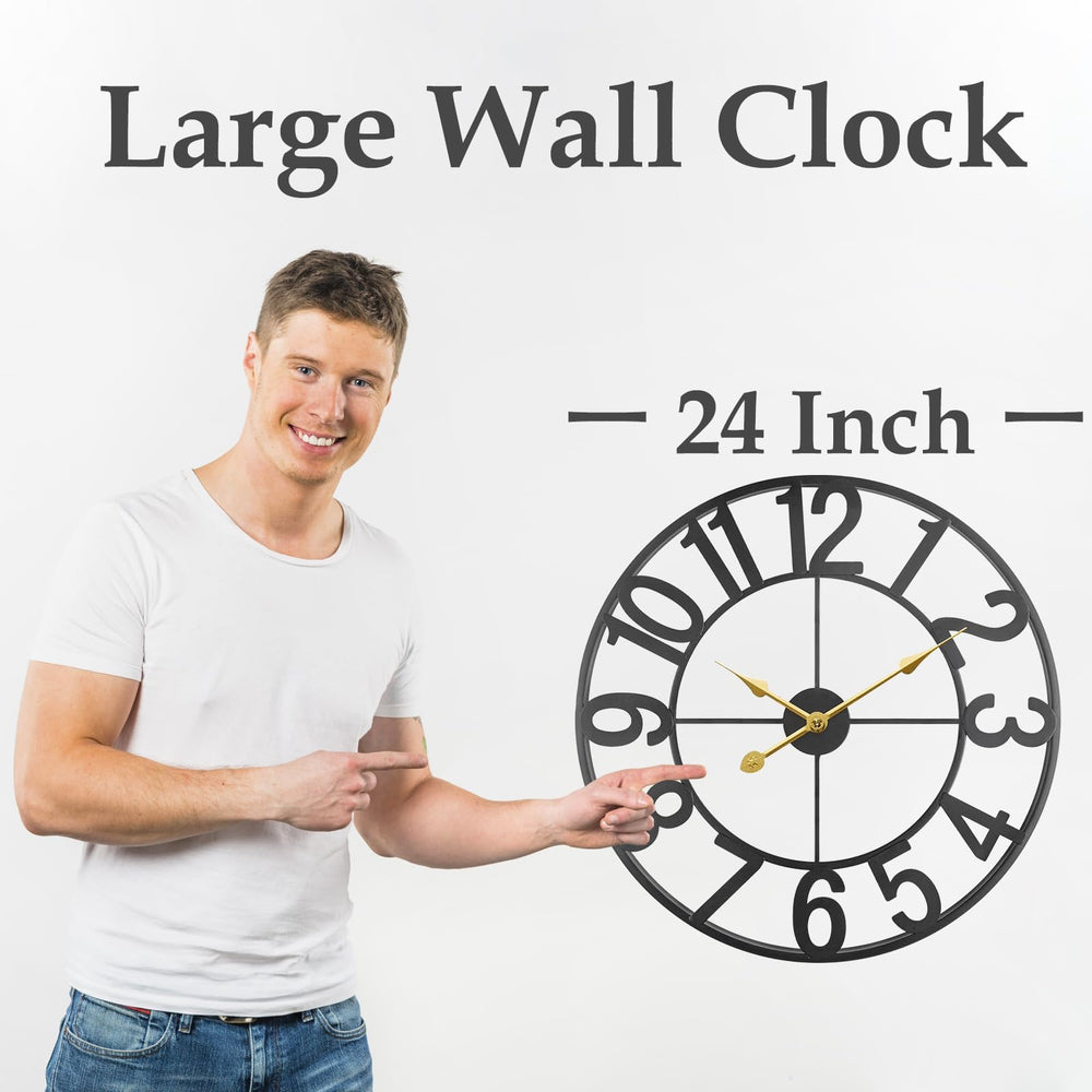 SUKYING clock beside sofa showing 24-inch scale and benefit of perfect wall fill