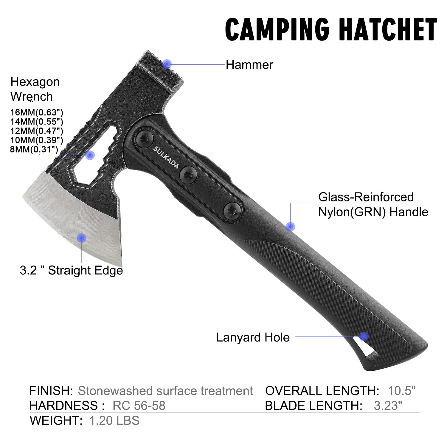 SULKADA hatchet handle detail showing fiberglass shock reduction and anti-slip grip benefit: comfort
