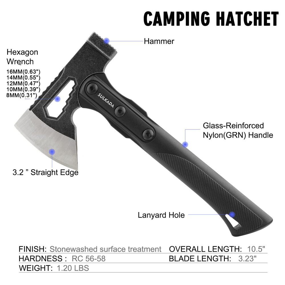 SULKADA hatchet handle detail showing fiberglass shock reduction and anti-slip grip benefit: comfort