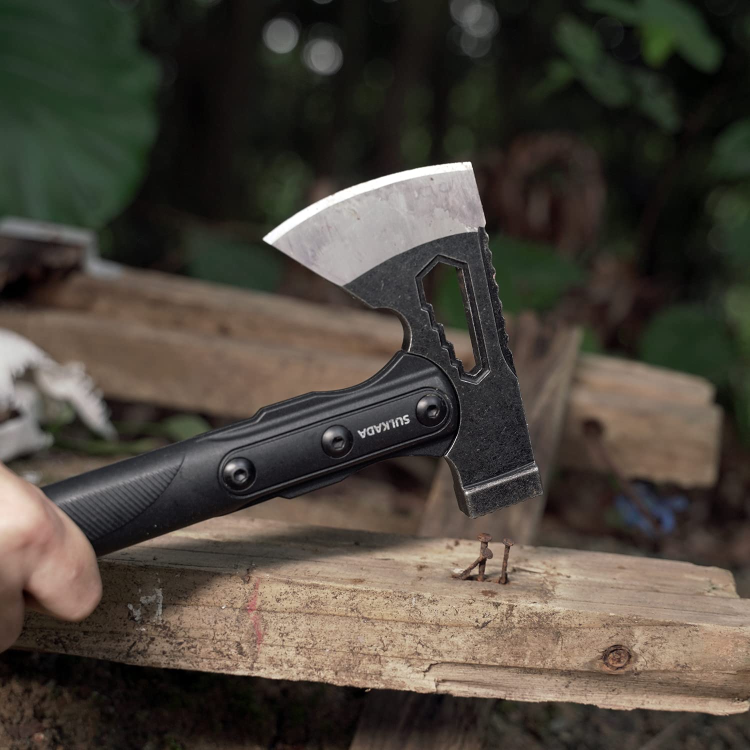 SULKADA hatchet alongside ruler showing 10.5 inch scale benefit: clear size reference