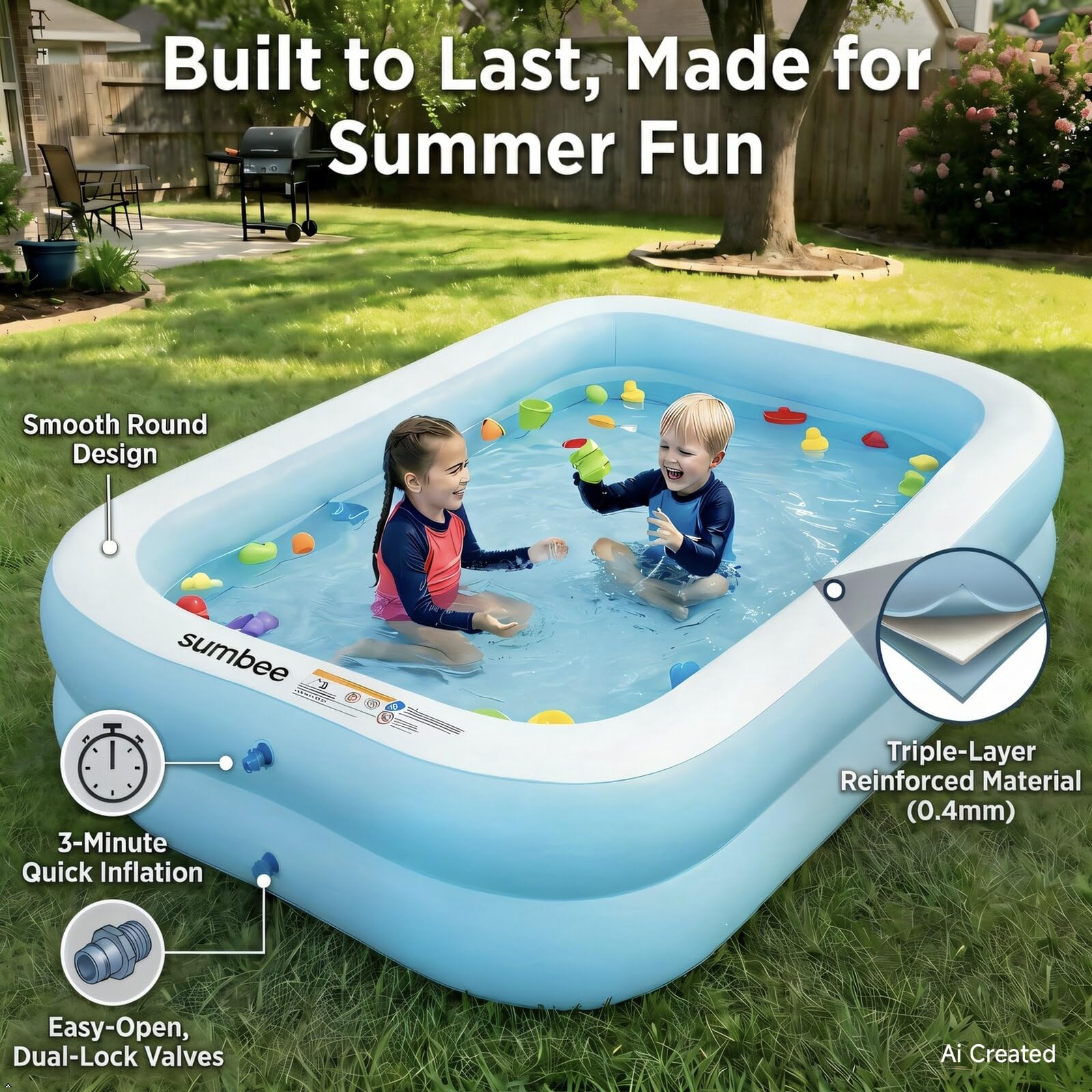 Sumbee inflating pool with electric pump for quick three to four minute setup